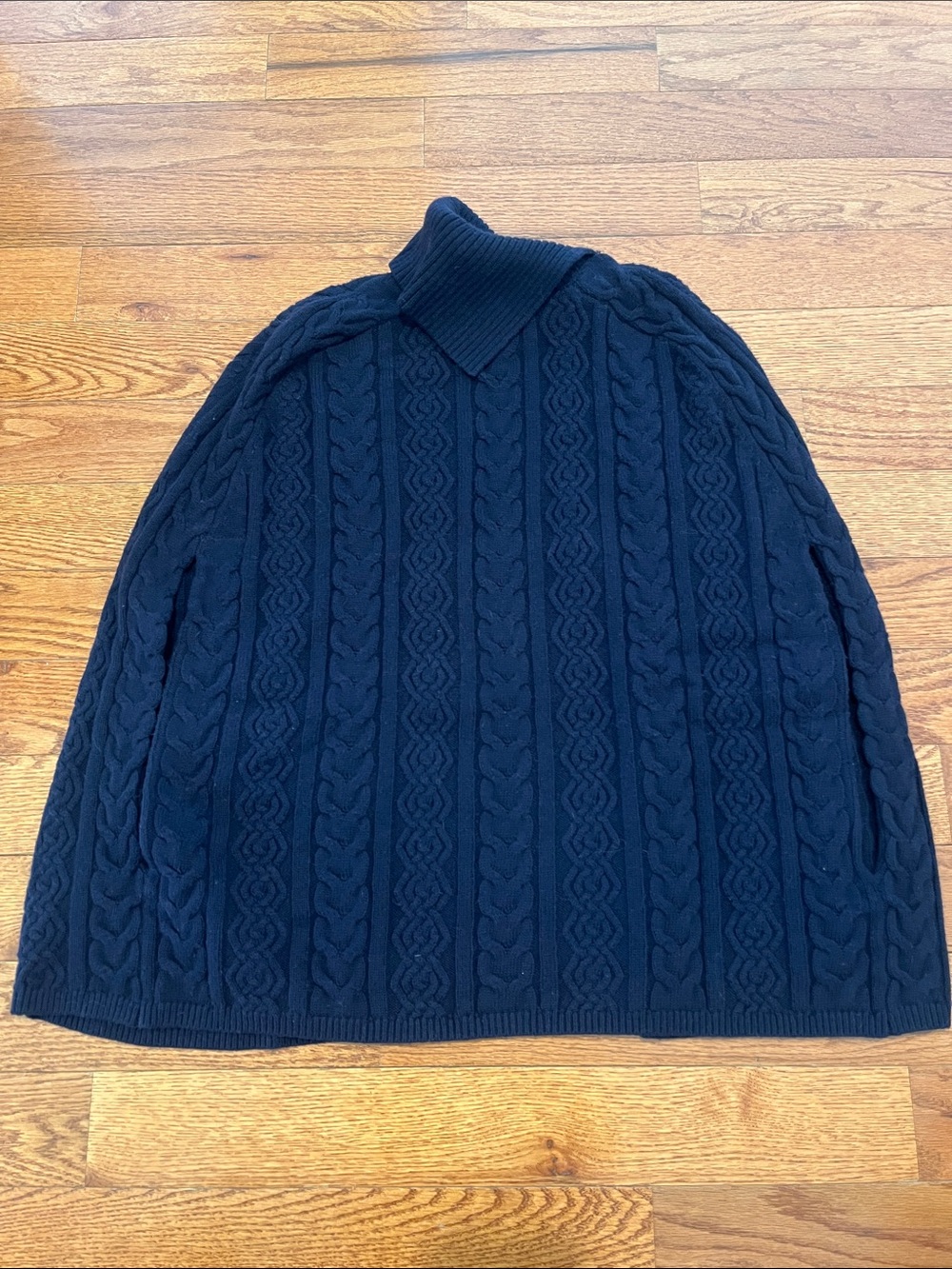 TALBOTS Navy Blue Cable Knit Sweater Poncho Cape Cowl Neck Wool Blend M